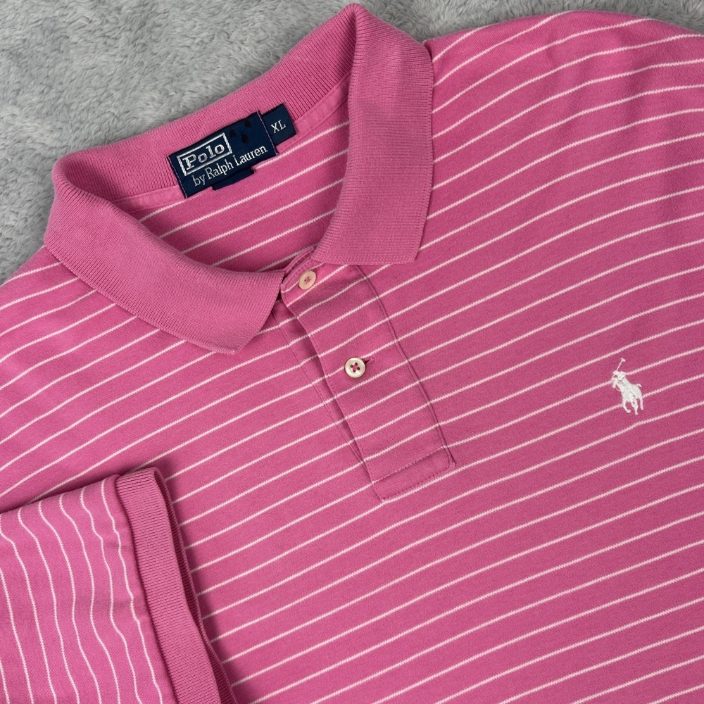 Polo Ralph Lauren Mens XL Pink White Striped Short Sleeve Cotton Polo Shirt